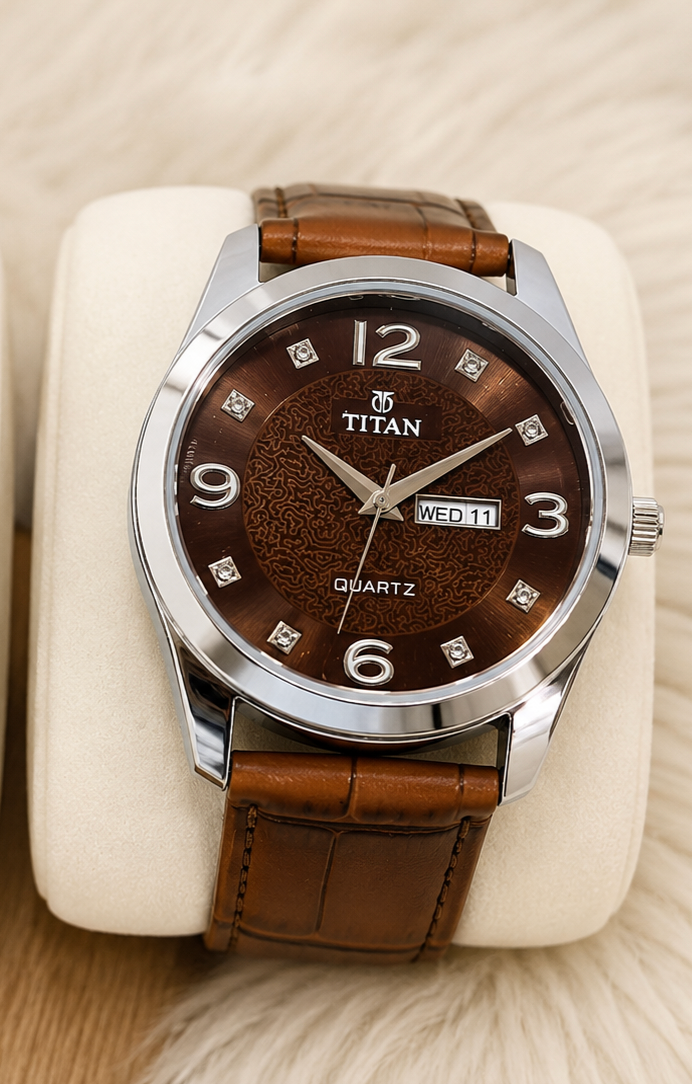 Titan Premium Analog Leather Strap Watches – Green & Brown Dial Combo - Image 3