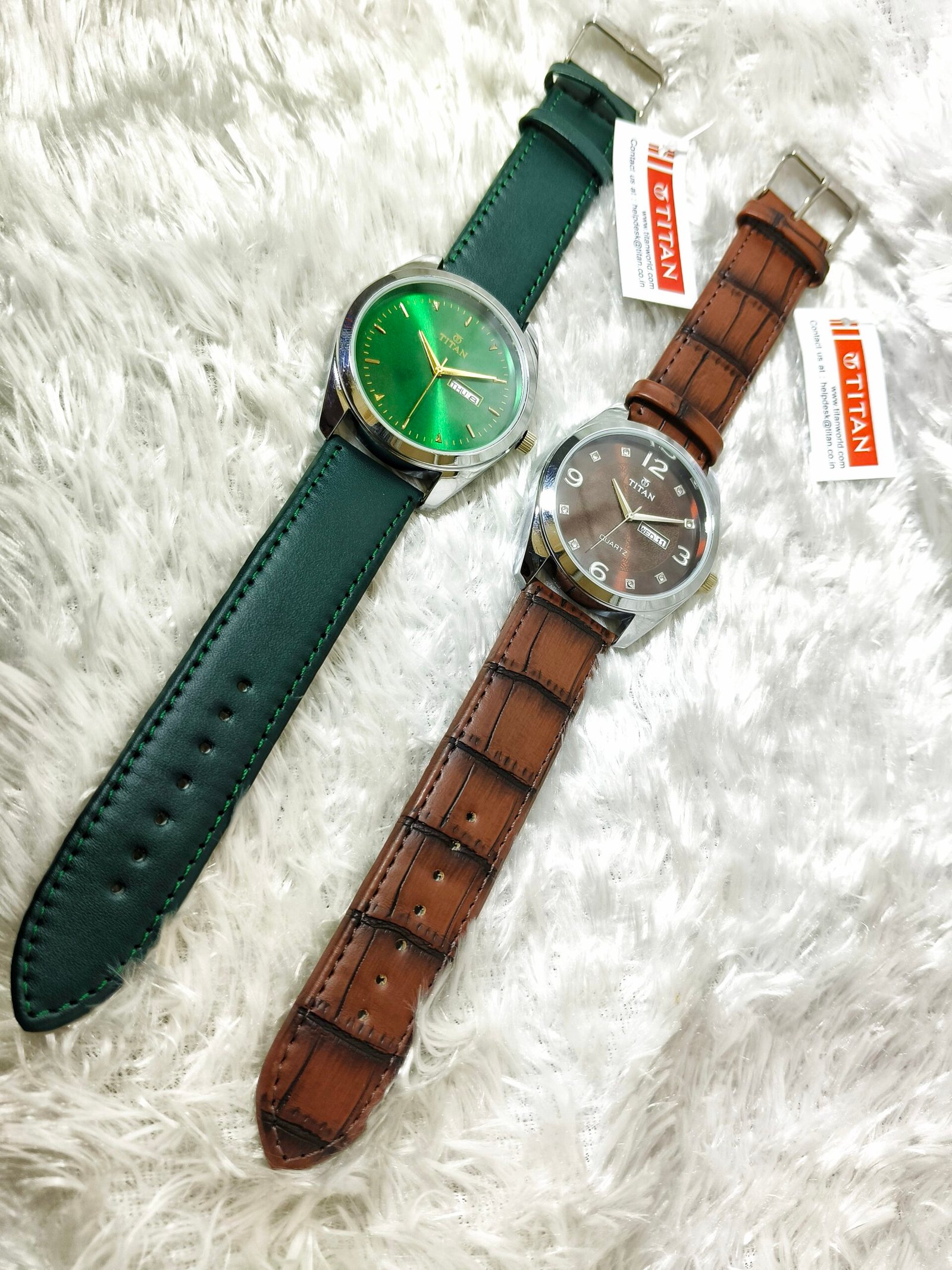 Titan Premium Analog Leather Strap Watches – Green & Brown Dial Combo - Image 2