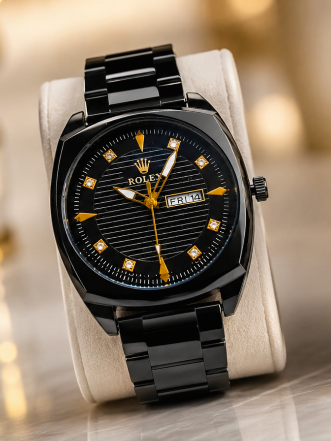 Premium Black Stainless Steel Analog Rolex Watches – Available in Black & White Dial - Image 2