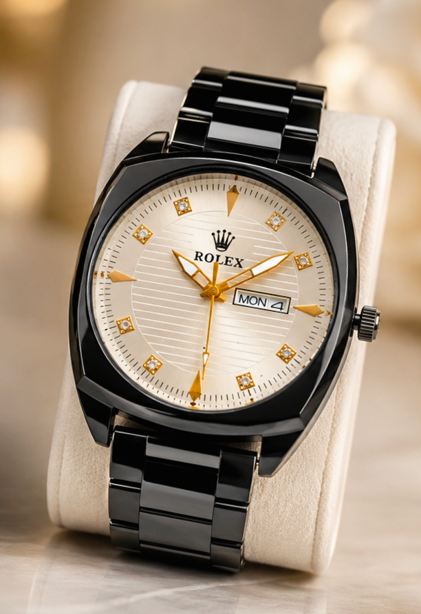 Premium Black Stainless Steel Analog Rolex Watches – Available in Black & White Dial - Image 3