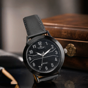 Titan Black Dial Black Leather Strap Analog Watches