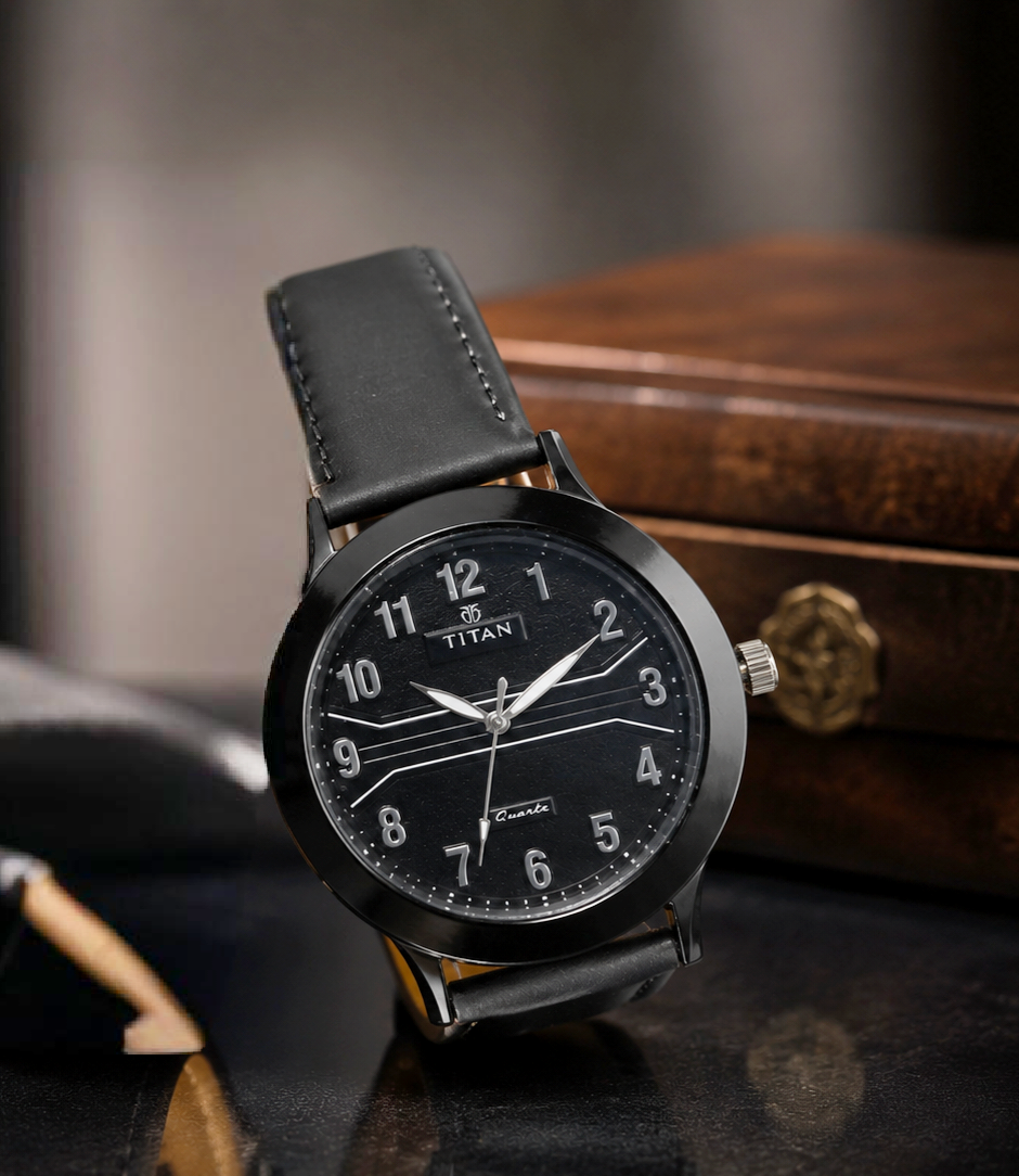 Titan Black Dial Black Leather Strap Analog Watches