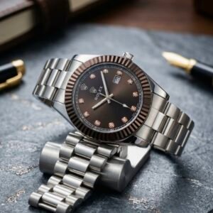 Rolex-Inspired Black Dial Stainless Steel Men's Watch