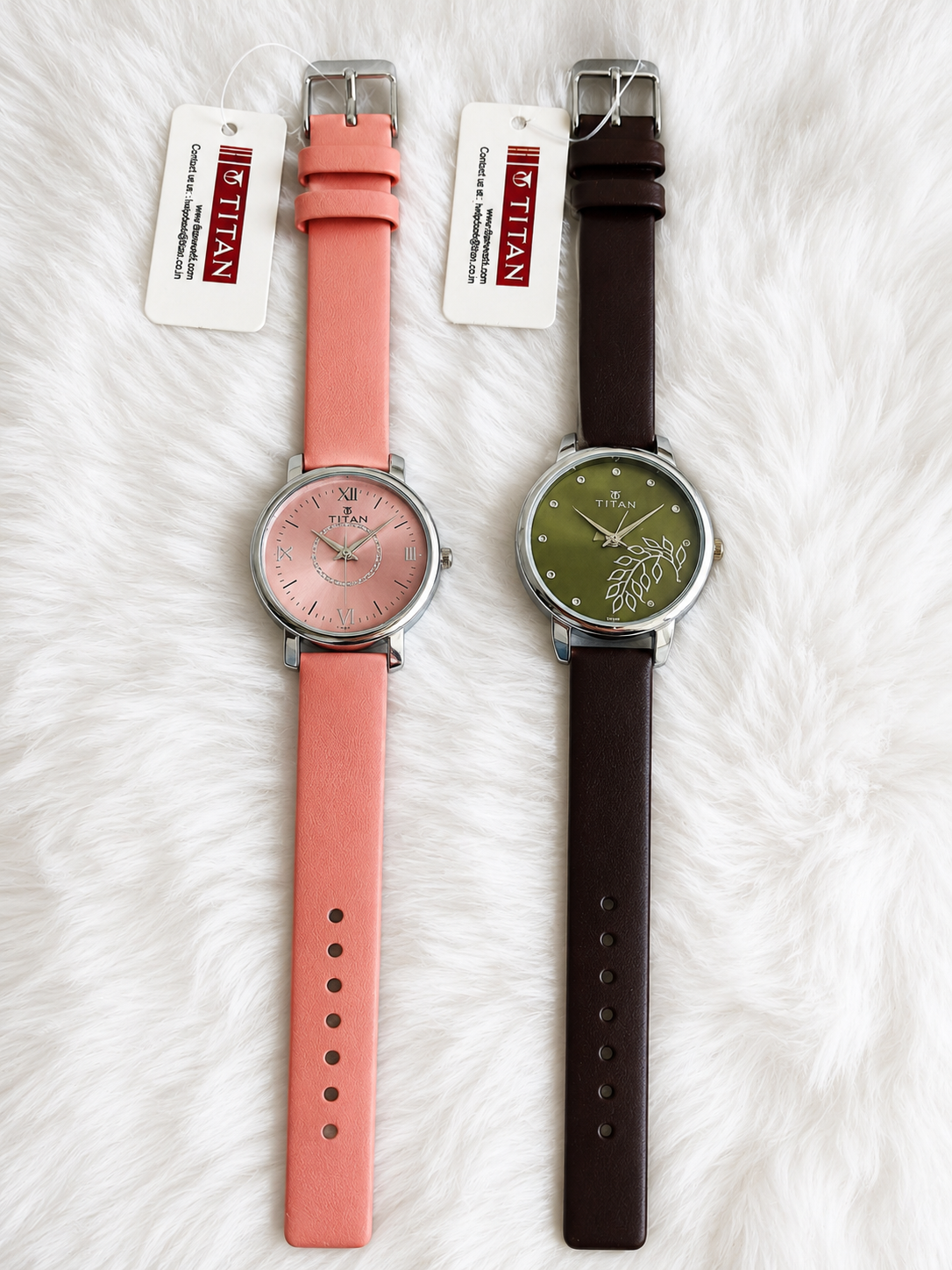 Premium Titan Inspired Women's Watches- Leather Straps in Soft Pink and Classic Brown