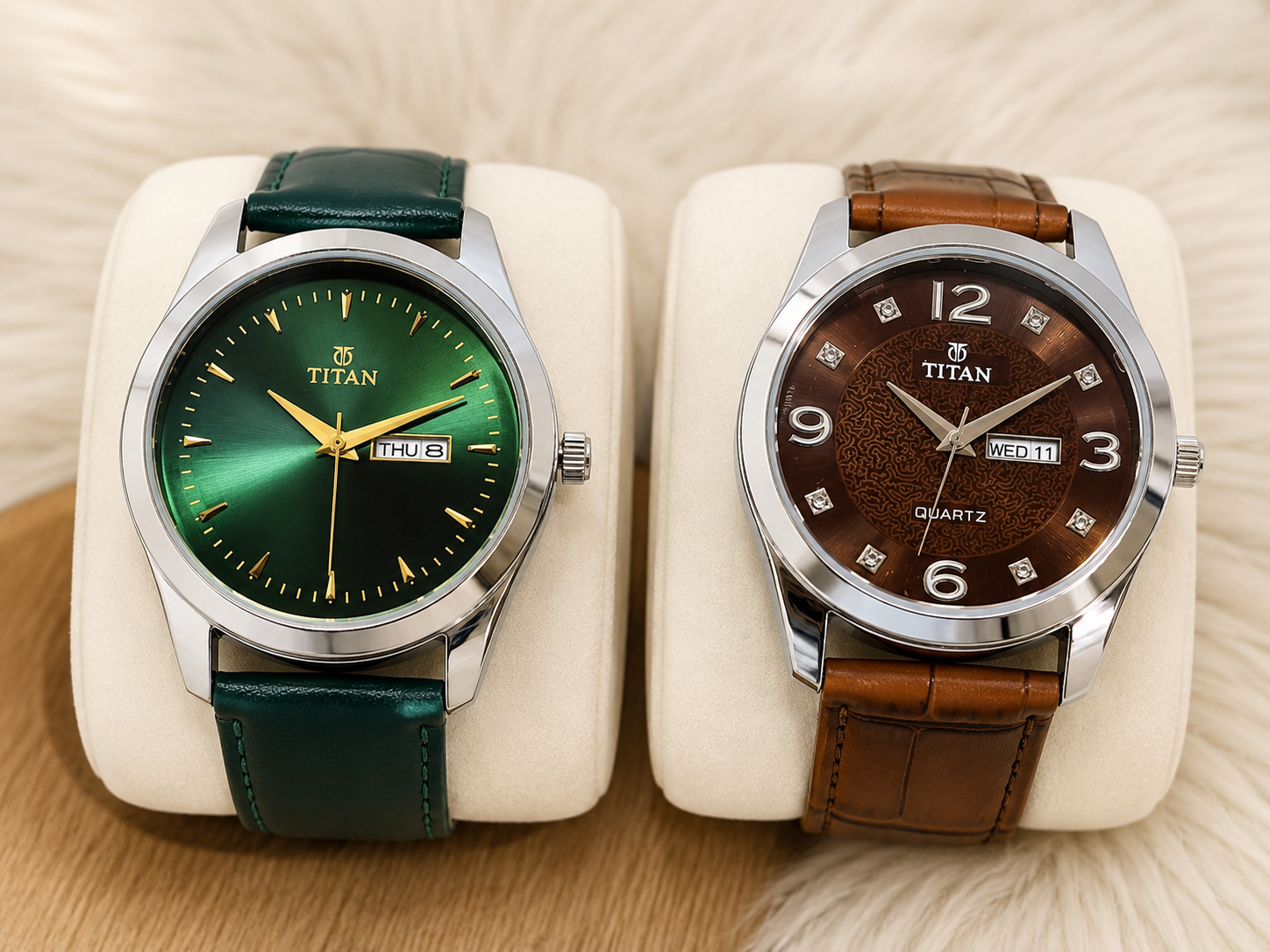 Titan Premium Analog Leather Strap Watches – Green & Brown Dial Combo