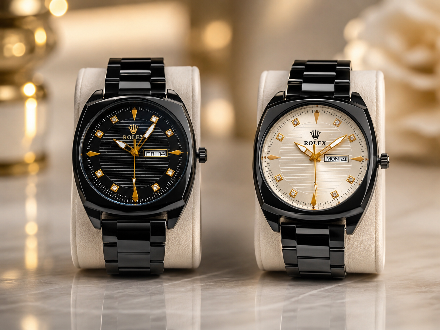 Premium Black Stainless Steel Analog Rolex Watches – Available in Black & White Dial